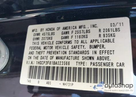 2011 Honda Accord 3.5 Ex-L from USA, damaged, VIN 1HGCP3F81BA023566